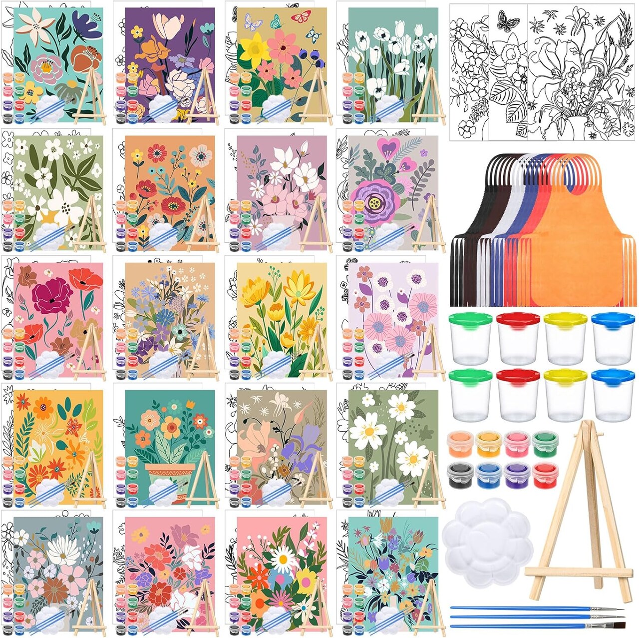 140 Pcs 20 Set Pre Drawn Canvas Kit for Painting Craft Sip and Paint Kit for Adults Pre Printed Canvas Painting Favor for Virtual DIY Birthday Gifts Adult's Date Party